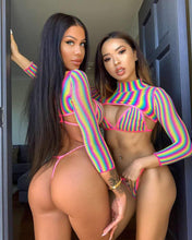 Load image into Gallery viewer, New Three-piece Set Rainbow Striped Rainbow Gradient Print Long-sleeved Sunscreen Swimwear Bikini Wetsuit