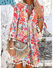 Load image into Gallery viewer, Printed V-neck pullover fringed ruffled sleeve dress