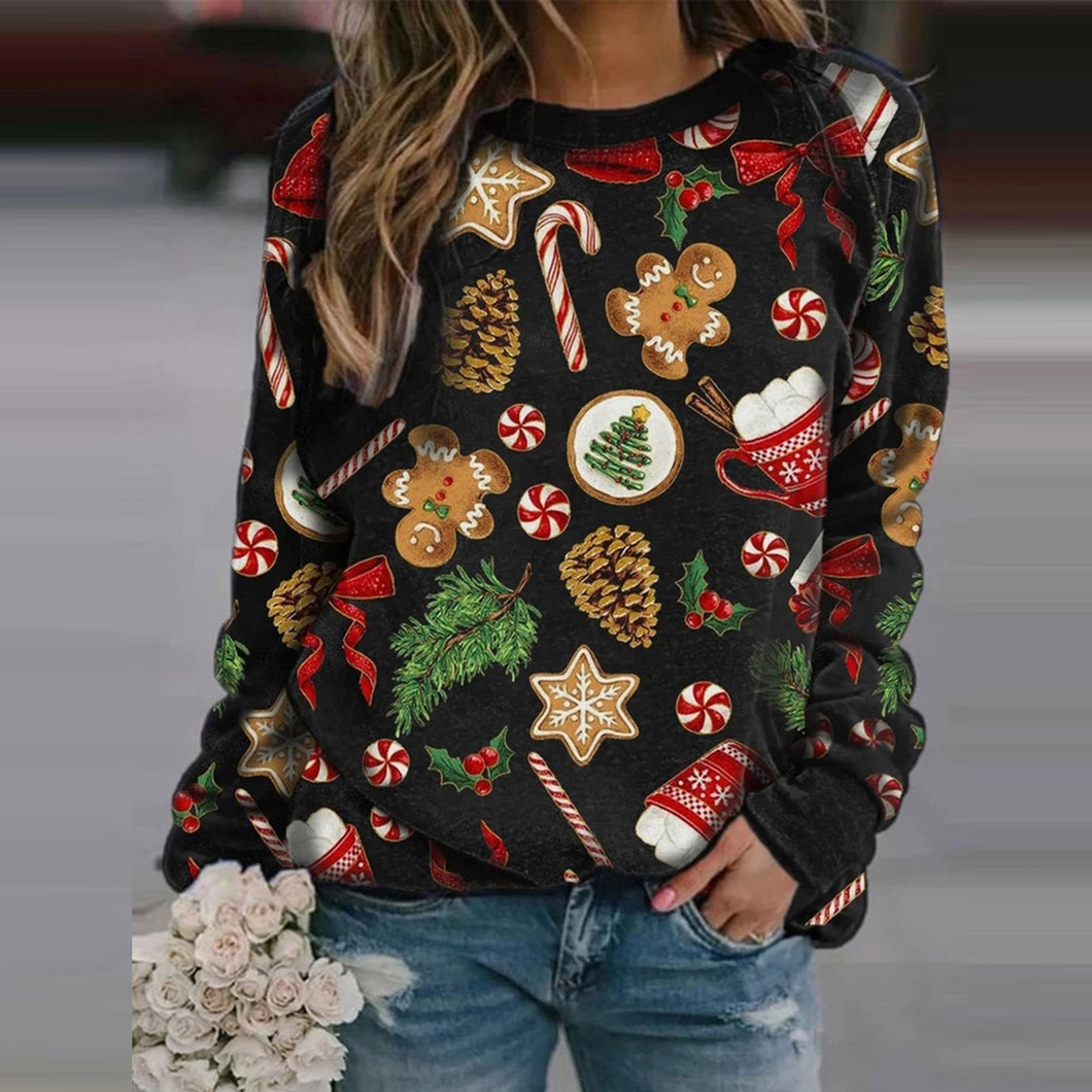 Christmas Women's Printed Round Neck Long Sleeve Fleece Sweater