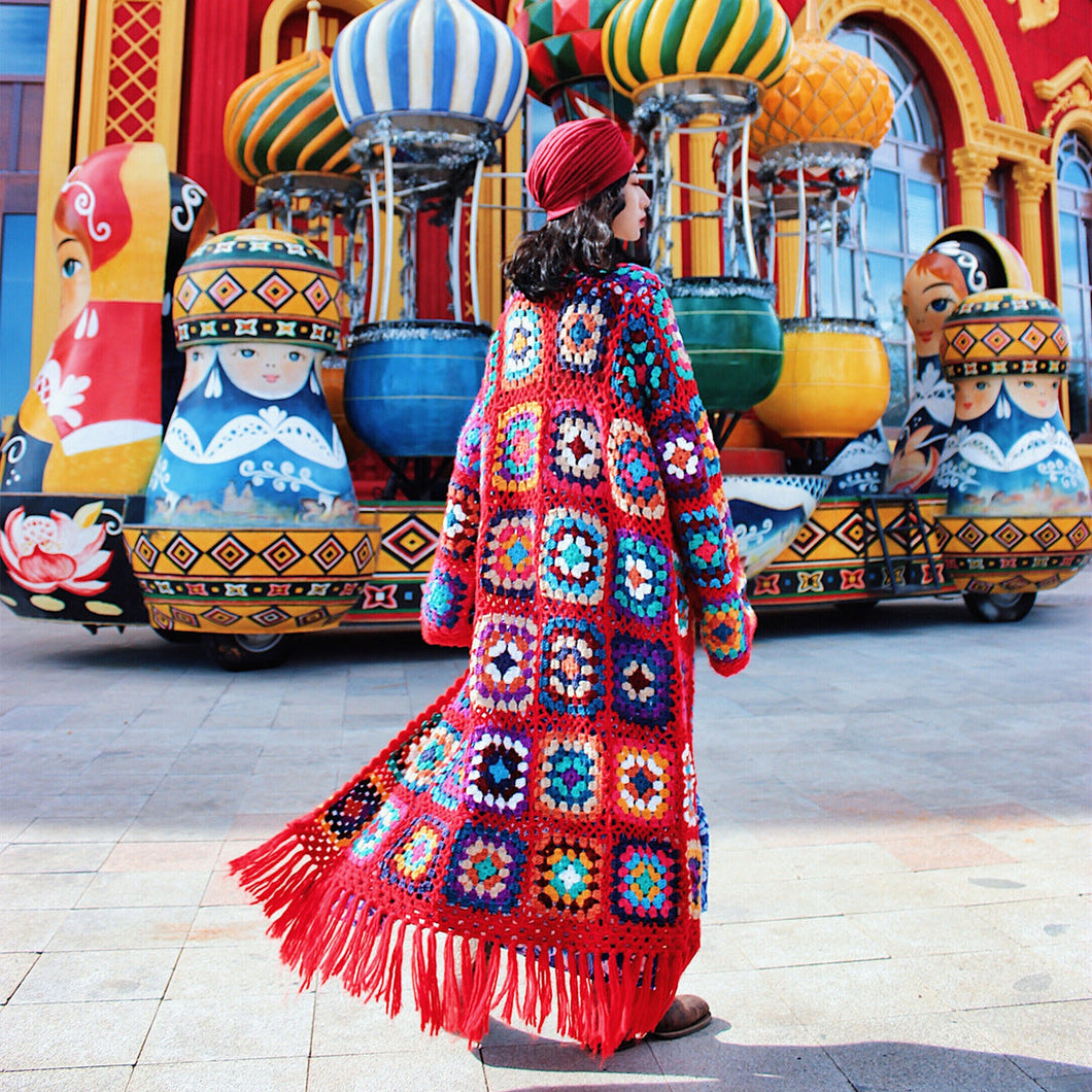 Tibetan style women's hippie woven crochet handmade ethnic sweater red tassel coat