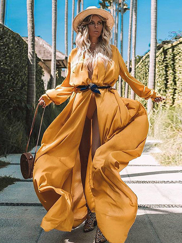 New Fashion Loose Pure Color Long Sleeve Lace Up Long Cardigan Jacket