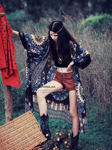 Popular Blue Bohemia Half Sleeve Long Cover-Up Tops