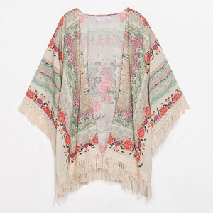 Summer And Autumn Bat Sleeves Chiffon Print Shawl Tassel Cardigan Top