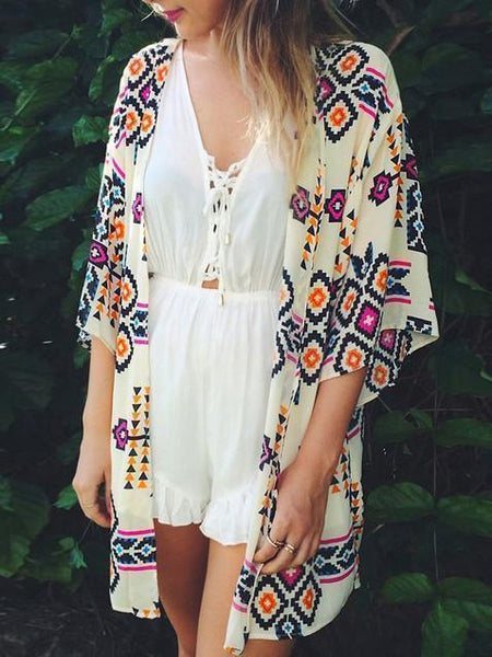 Chiffon Arrow Print White Bohemia Beach Mini Cover-Up Swimwear