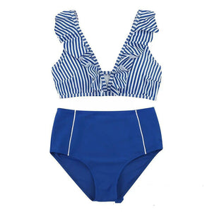 Bikini stripe solid color lotus leaf flash high waist split swimsuit