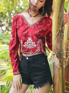Autumn Ethnic Style Bohemian Embroidery V-Neck Long Sleeve Loose Chiffon Top