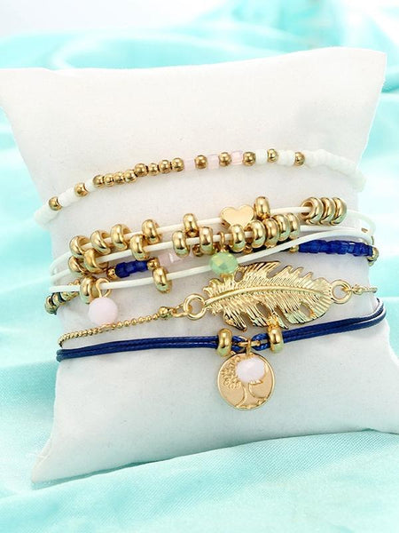 Ethnic Style Creative Alloy Rice Beads Love Leaves Feathers Multi-Layer Bracelet Cord Woven Bracelet Set Of 5