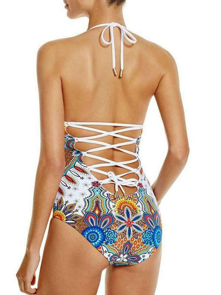 Siamese Print Gathered Multi-Rope Backless Sexy Swimwear