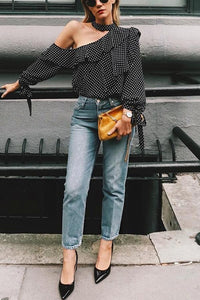 Polka Dot One Shoulder Irregular T Shirt