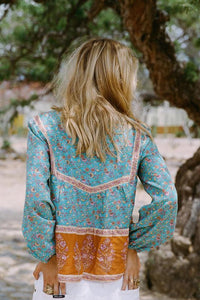 Print V Neck Long Sleeve Boho T Shirt