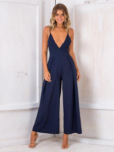2018 Sexy Spaghetti Strap Solid Color Wide Leg Pants Jumpsuit Rompers