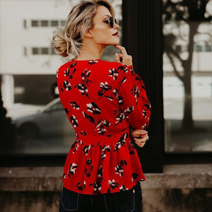 Print Deep V Neck Long Sleeve Belted Top Blouse