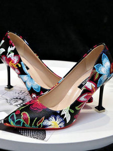 Pointed Heels High Heel Stiletto Flowers Retro Embroidery Shoes