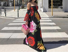 Load image into Gallery viewer, Floral Print Off Shoulder Beach Casual Maxi Dress