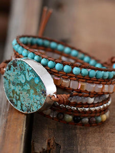 Bohemian Handmade Natural Stones Leather Wrap 5 Layer Bracelet