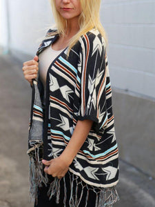Bohemian Tasseled  Printing Mid-Sleeved Striped Coat