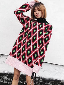Fashion European And American Style High Collar Embroidery Contrast Color Love Geometry Pullover Sweater Top