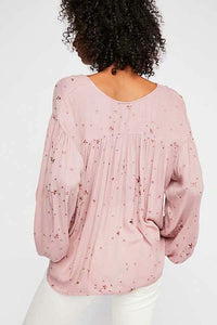 Pink V Neck Long Sleeve Loose Casual T Shirt Blouse