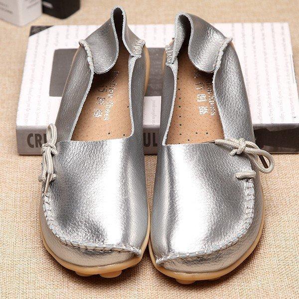 Big Size Shine Lace Up Flat Soft Pure Color Leather Shoes