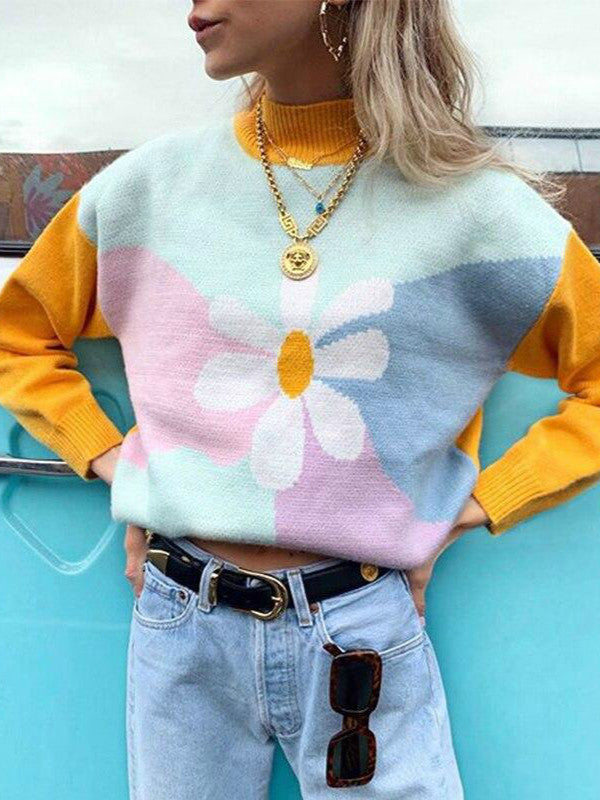 Young Gilrs Macaron Color Patchwork Sweater  Winter Sweet Flower Print Loose Pullover Street Cute Long-Sleeve Jumper Femme