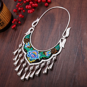 Ethnic Style Exaggerated Miao Silver Embroidery Collar Retro Bell Long Necklace