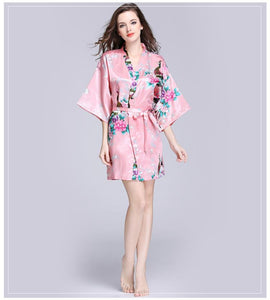 Silk nightgown women's summer mid sleeve peacock pajamas bathrobe large size home clothes 1