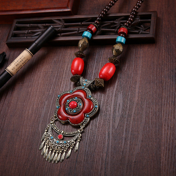 Tibetan Ethnic Style Vintage Flower Pendant Necklace Sweater Chain Pendant