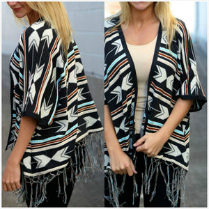 Bohemian Tasseled  Printing Mid-Sleeved Striped Coat
