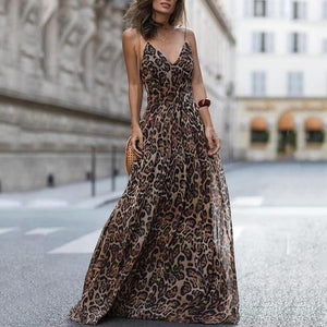 Sexy Leopard Print Spaghetti Strap Maxi Long Dress