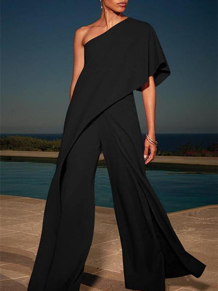 Solid Color One Shoulder Wide Leg Pants Jumpsuit