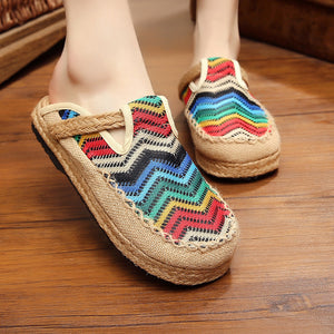 Colorful round toe shoes Thai handmade cloth shoes linen straw weaving art department college Style Slippers