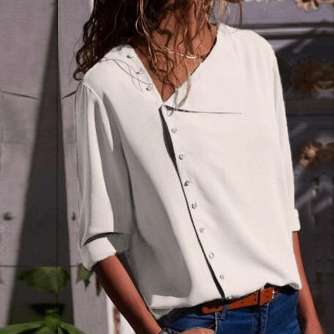 Casual Solid Color Irregular Diagonal Collar Button Long Sleeve Shirt