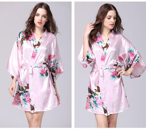 Silk nightgown women's summer mid sleeve peacock pajamas bathrobe large size home clothes 2