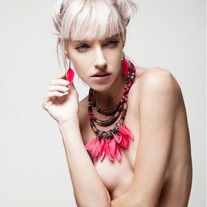 Multilayer Alloy Feather Tassel Necklace Earrings Set