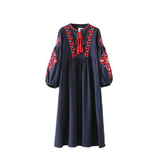 Load image into Gallery viewer, New ethnic style long sleeved mid length dress with embroidered lace up loose A-line lantern sleeve dress