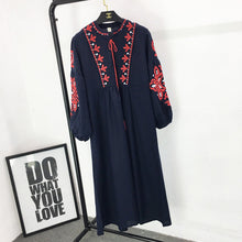 Load image into Gallery viewer, New ethnic style long sleeved mid length dress with embroidered lace up loose A-line lantern sleeve dress