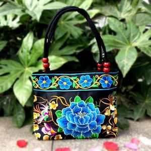 Big Peony Embroidery Ethnic Travel Women Shoulder Bags Handmade Canvas Wood Beads Handbag - hiblings