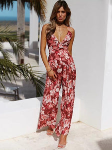 Flower Sleeveless Backless Wide Leg Pants Jumpsuit