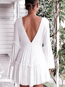 White Long Sleeve V Neck Beach Mini Dress