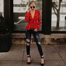 Load image into Gallery viewer, Print Deep V Neck Long Sleeve Belted Top Blouse