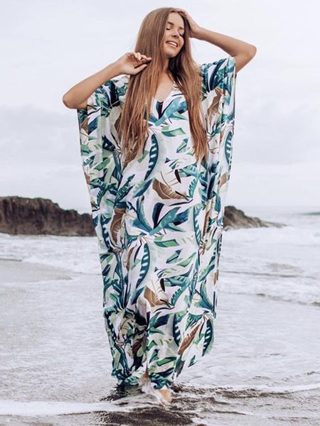 New White Background Leaf Print Beach Loose Seaside Cover up