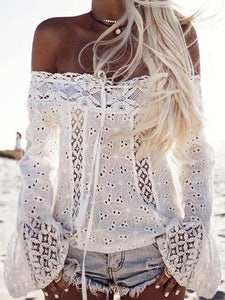 Lace Off Shoulder Flared Sleeves Cover-Ups Tops