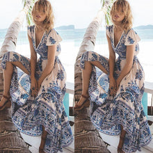 Load image into Gallery viewer, Printed V Neck Short Sleeve Vintage Beach Bohemia Maxi Dress