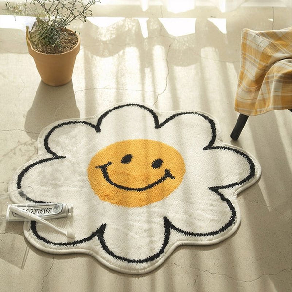 Flower Rug for Living Room Nordic Smiley Flower Carpet Bedroom Bedside Area Rug Plush Floor Mat Home Decor Non-slip Bath Mat