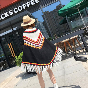 Folk Style Tassel Knit Shawl Cloak Sweater