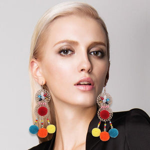 Colorful Ethnic Bohemia Flower Pom Beads Earrings