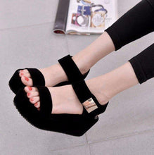 Load image into Gallery viewer, Black Pu Korean Style Metal Platform Hook Loop Peep Toe Gladiator Sandals