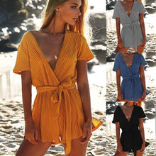 Load image into Gallery viewer, Solid Color Deep V Neck Short Sleeve Belted Rompers
