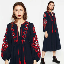 Load image into Gallery viewer, New ethnic style long sleeved mid length dress with embroidered lace up loose A-line lantern sleeve dress