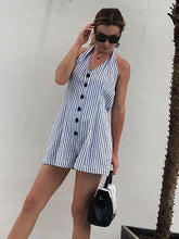 Load image into Gallery viewer, Stripe Button Halter Beach Rompers